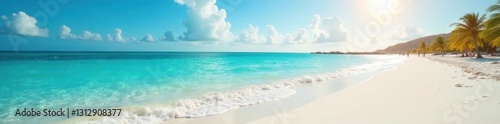 Powdery white sand meets turquoise sea, dazzling sun , sea, coastline, vacation