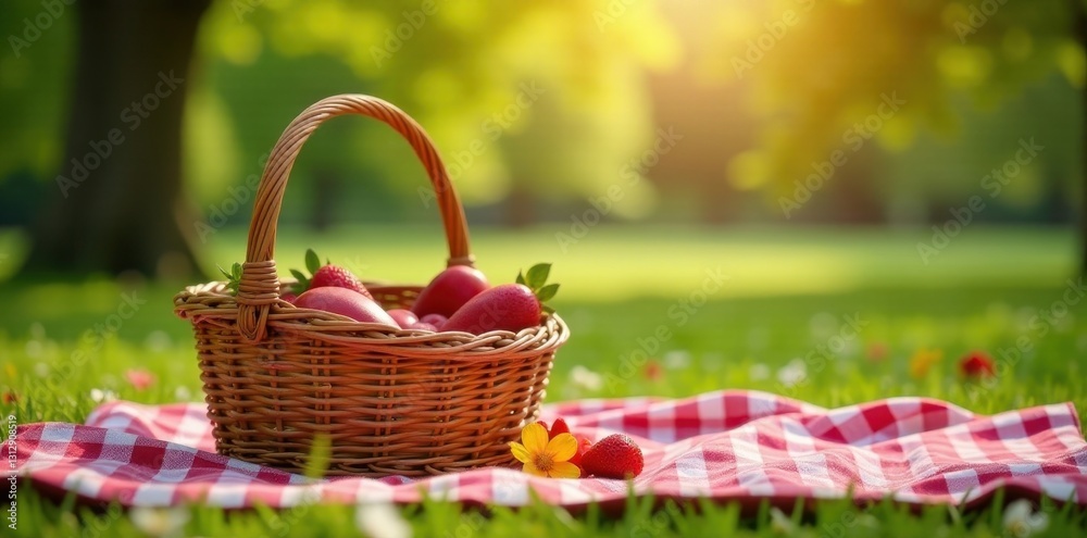 Romantic picnic basket, checkered blanket, park setting, relationship, food Romantic picnic basket, checkered blanket, park setting, relationship, food