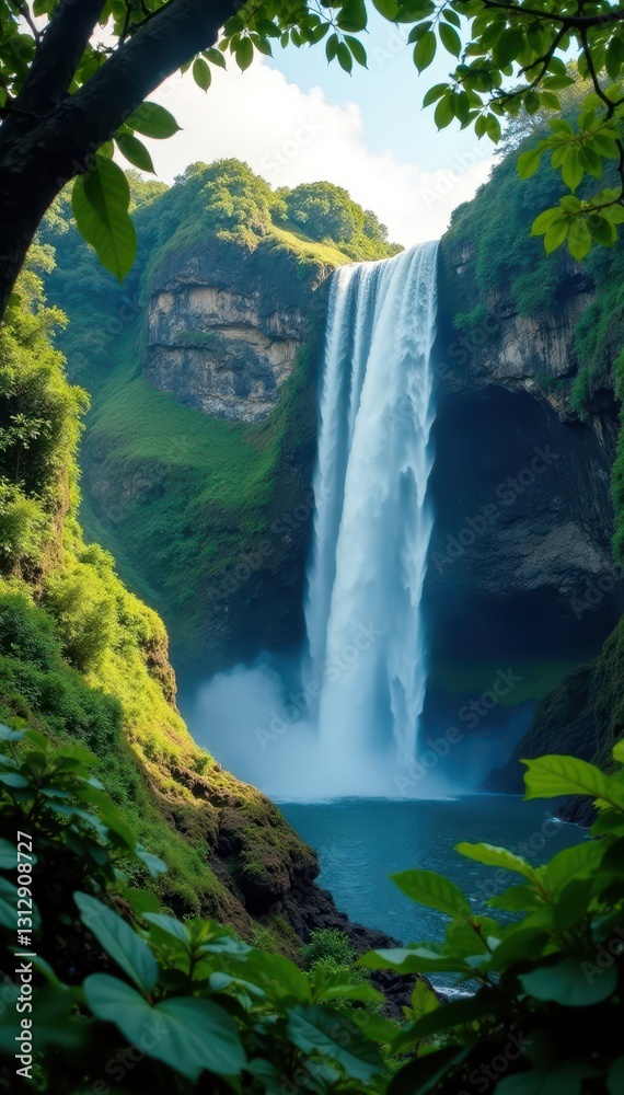 Abundant greenery frames a powerful waterfall on a Hawaiian isle , travel, leaves Abundant greenery frames a powerful waterfall on a Hawaiian isle , travel, leaves