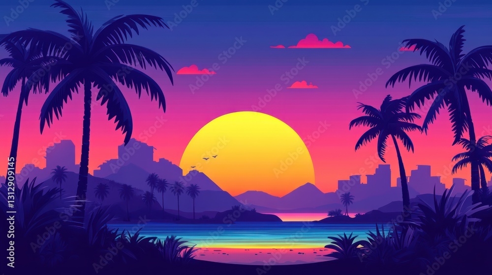 Naklejka premium Tropical Beach Sunset Scene with Palm Trees and City Skyline