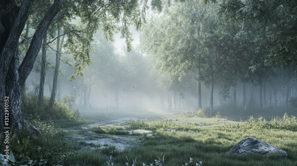 Photorealistic forest with soft morning mist, peaceful and calm, high-resolution and artistic nature photography Photorealistic forest with soft morning mist, peaceful and calm, high-resolution and artistic nature photography