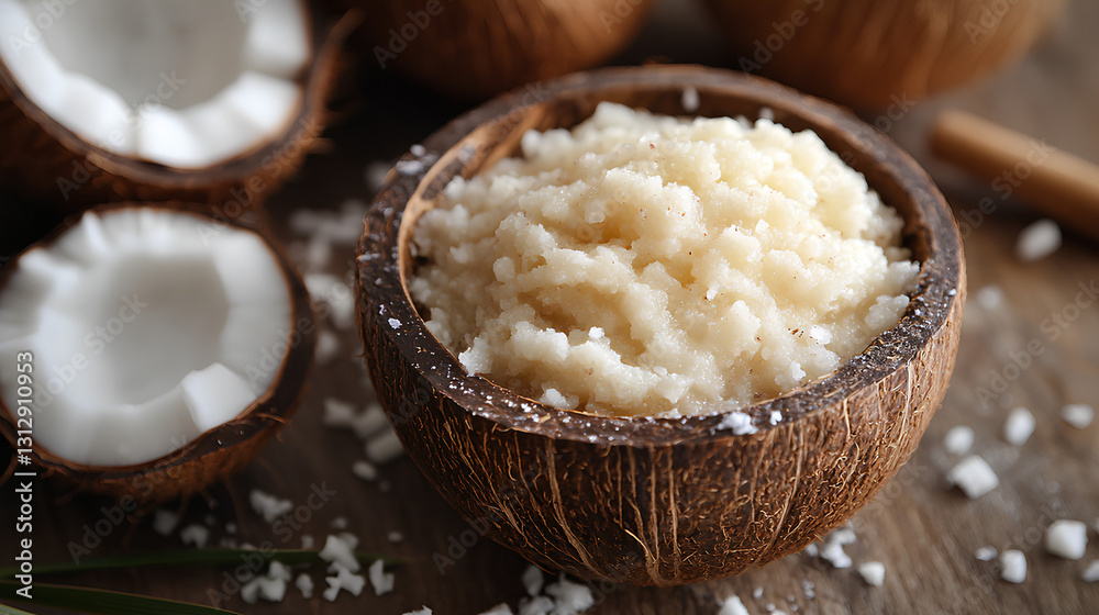 natural coconut body scrub in a wooden bowl with fresh coconuts on a marble surface natural coconut body scrub in a wooden bowl with fresh coconuts on a marble surface