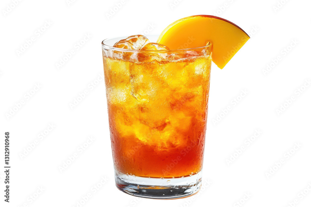 Refreshing iced beverage with a slice of fruit served in a clear glass during warm weather Refreshing iced beverage with a slice of fruit served in a clear glass during warm weather