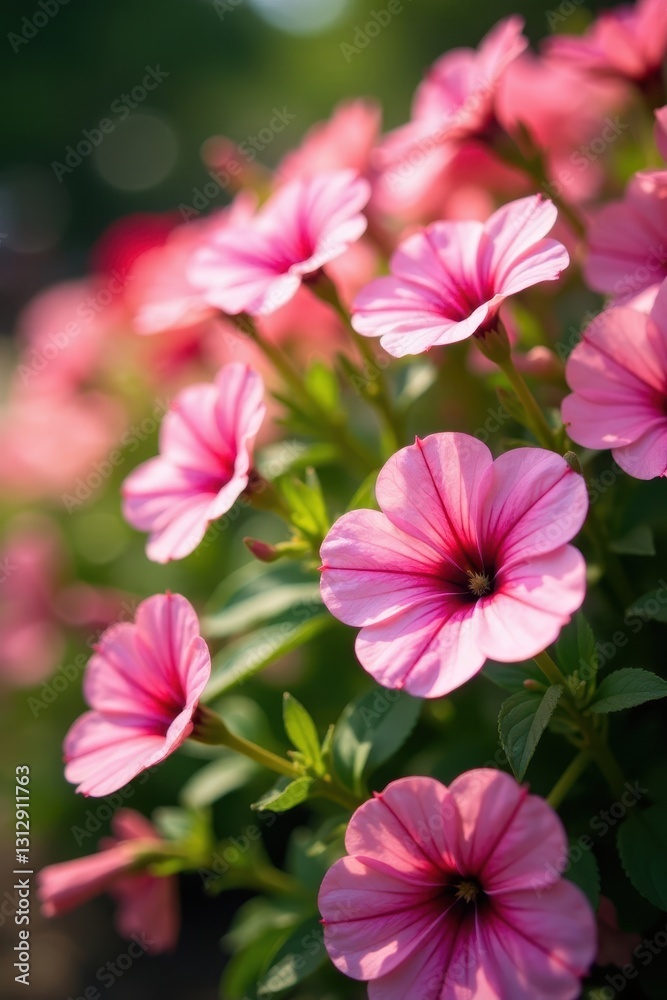 Close-up of a mass of pink petunias in a sunny summer garden , bloom, texture, flowers Close-up of a mass of pink petunias in a sunny summer garden , bloom, texture, flowers