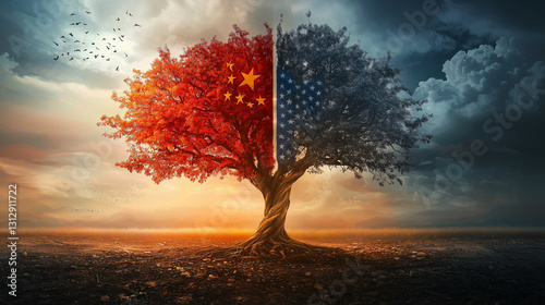 A symbolic image of a large tree split into red and blue hues, representing China and the United States. This striking visual metaphor reflects diplomatic balance, trade competition