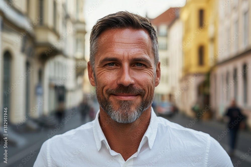 Naklejka premium The portrait of a happy business man in the city represents corporate, professional, and natural themes