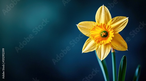 Beautiful backlit daffodil flower basking in the dazzling sun a vibrant symbol of spring against a striking black and blue background breaking the cliche of floral photography