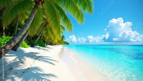 Fototapeta Naklejka Na Ścianę i Meble -  Azure water laps white sand beach, lush palms sway , getaway, sea
