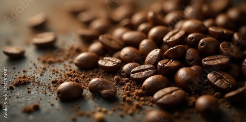 Scattered coffee beans, warm lighting, high contrast , photography, contrast