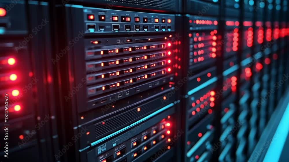 Rows of server racks in a data center, illuminated by red lights. Possible use for technology or business stock photo Rows of server racks in a data center, illuminated by red lights. Possible use for technology or business stock photo
