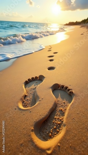Child's and adult's footprints leading to sea, sandy beach, trace, coast