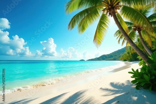 Wallpaper Mural Sun-kissed tropical beach, turquoise water, palm trees, texture, nature Torontodigital.ca