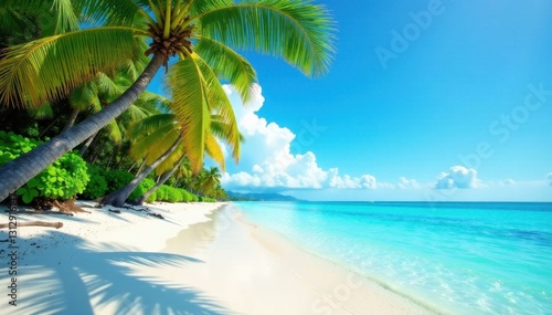 Fototapeta Naklejka Na Ścianę i Meble -  Azure water laps white sand beach, lush palms sway , calm, paradise, turquoise
