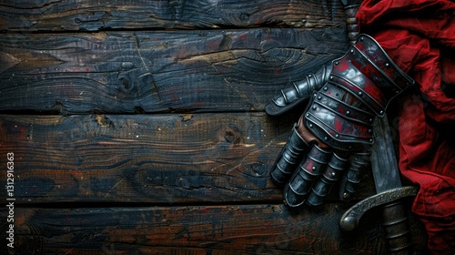 A detailed view of a gauntlet and sword resting on a textured wooden surface.
