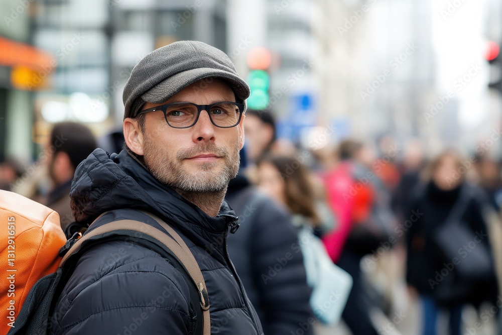A man with glasses and a cap stands confidently in a bustling city street, surrounded by a crowd, projecting an air of calm amidst the hustle of urban life. A man with glasses and a cap stands confidently in a bustling city street, surrounded by a crowd, projecting an air of calm amidst the hustle of urban life.