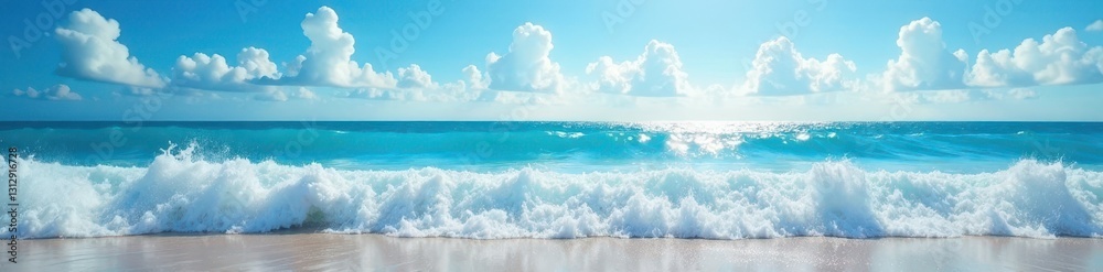 Azure sky, sunlit ocean waves crashing on shore, water, sunny Azure sky, sunlit ocean waves crashing on shore, water, sunny
