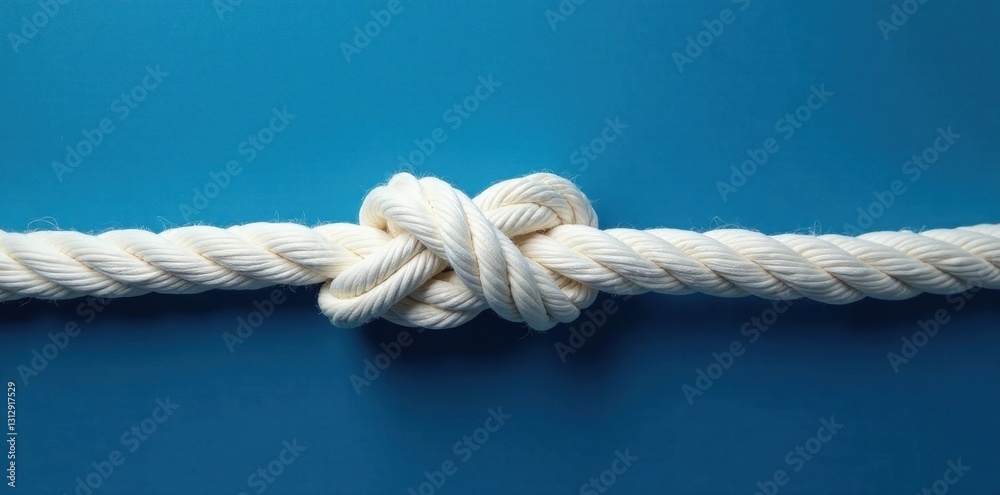 Intricate white knotted cord against a deep blue backdrop, close up, white Intricate white knotted cord against a deep blue backdrop, close up, white