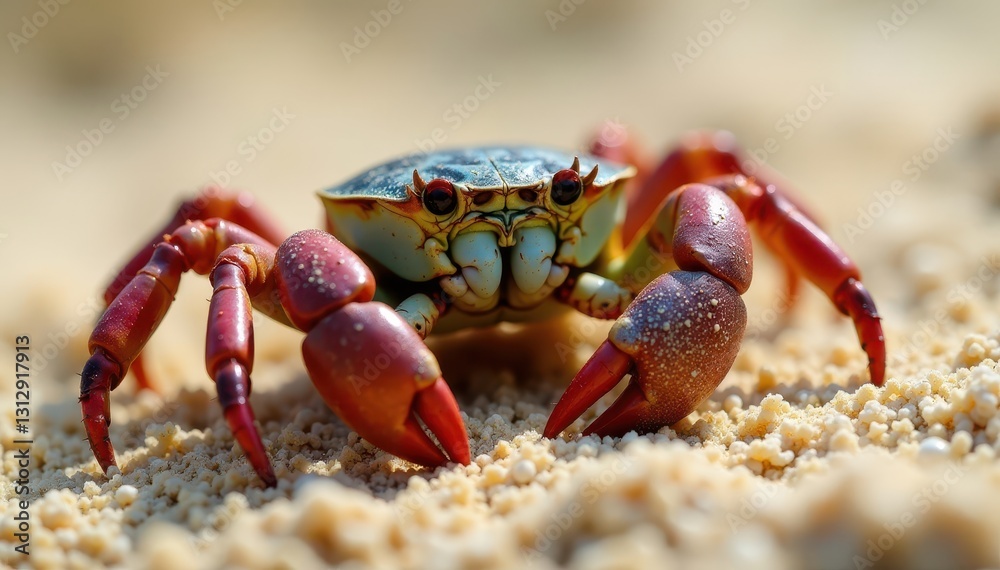 Camouflaged crab partially buried in sand; visible claws, light, detail Camouflaged crab partially buried in sand; visible claws, light, detail