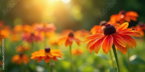 Sun-drenched rudbeckia and verbena in a late summer garden scene , vibrant, photography, Verbena bonariensis