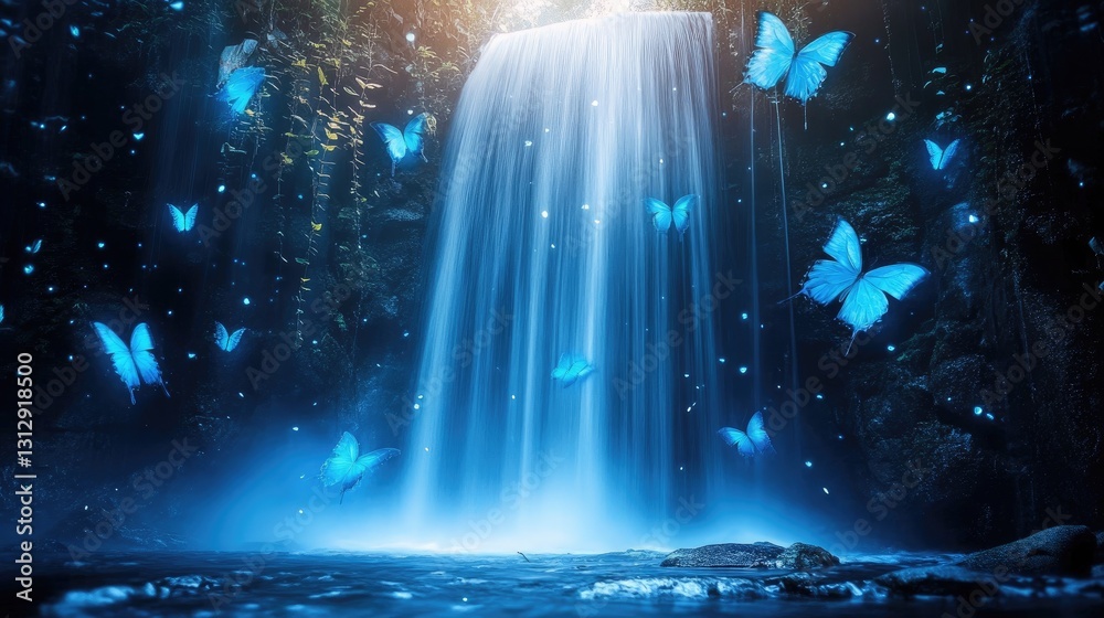 Enchanted waterfall surrounded by glowing blue butterflies in a mystical forest setting Enchanted waterfall surrounded by glowing blue butterflies in a mystical forest setting