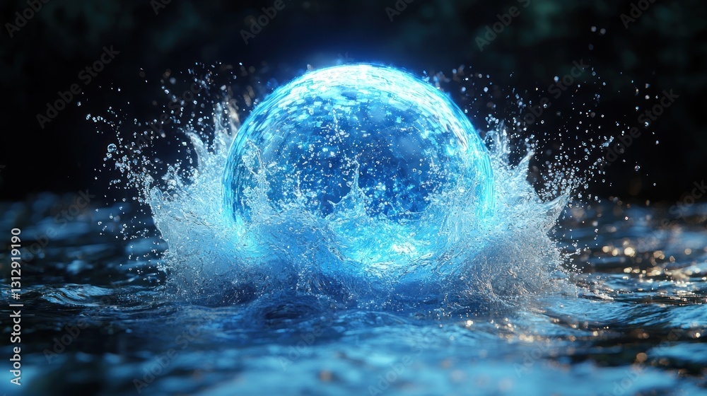 Fototapeta premium Glowing Blue Sphere Creates Splash in Water Evoking Power and Mystery