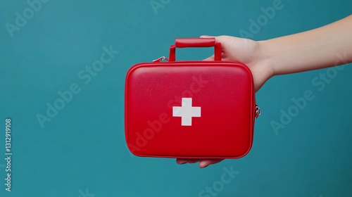Professional Hand with First Aid Kit on Color Background for Medical Emergency Assistance