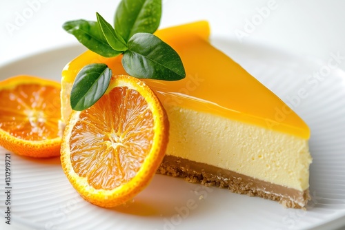 Delicious Slice of Orange Cheesecake Garnished with Fresh Orange Slices and Mint Leaves, on a White Plate

