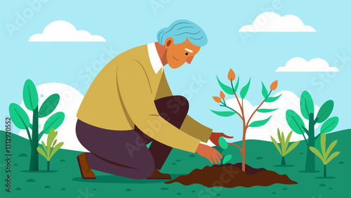 Rugged wrinkled hands of a senior conservator planting saplings with utmost care knowing that these trees will become home to countless species in the future.. Vector illustration