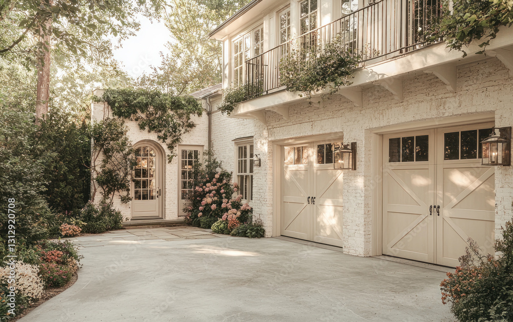 Fototapeta premium Serene White Stucco House with Lush Greenery and Two-Car Garage