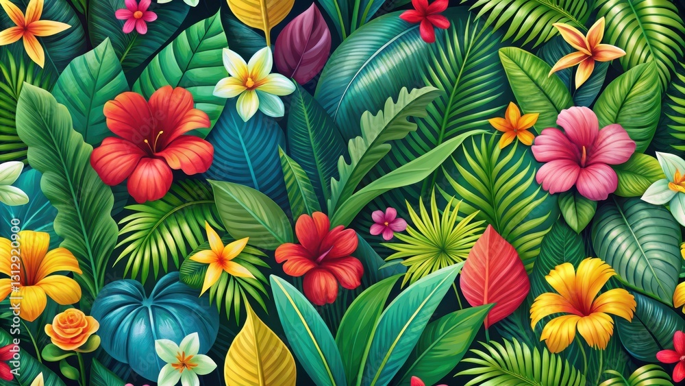 Fototapeta premium Vibrant green leaves and colorful flowers create a seamless tropical background with lush foliage and vibrant patterns , seamless background, colorful