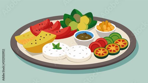 Perfect for a light lunch or appetizer this mezze platter showcases a mix of grilled vegetables pickled tur and tangy tzatziki yogurt sauce.. Vector illustration