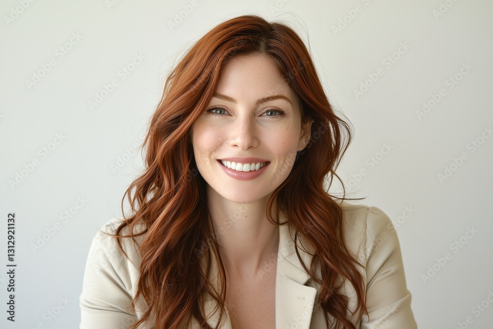 Portrait of a Beautiful Smiling Woman with Long Red Hair, Wearing a Beige Blazer, Against a White Background
Portrait of a Beautiful Smiling Woman with Long Red Hair, Wearing a Beige Blazer, Against a White Background