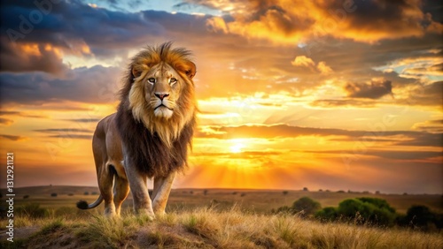 Tableau sur toile Powerful male lion with golden fur and mighty roar stands majestically on the sa