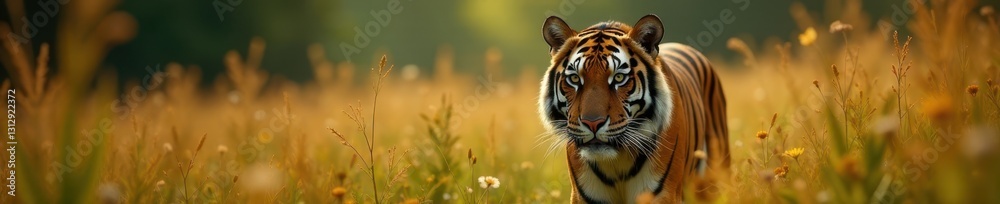 A regal tiger emerges from tall grass, intense gaze High-definition image , sunlight, bigcat