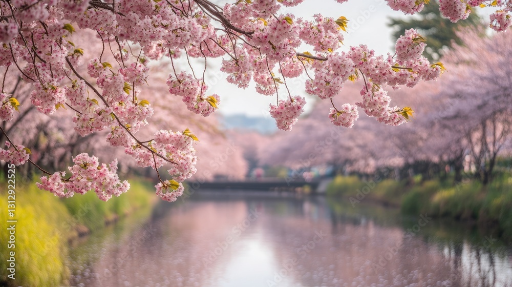 Fototapeta premium Serene Cherry Blossom Trees Framing a Calm Reflective River in a Tranquil Spring Garden Scene