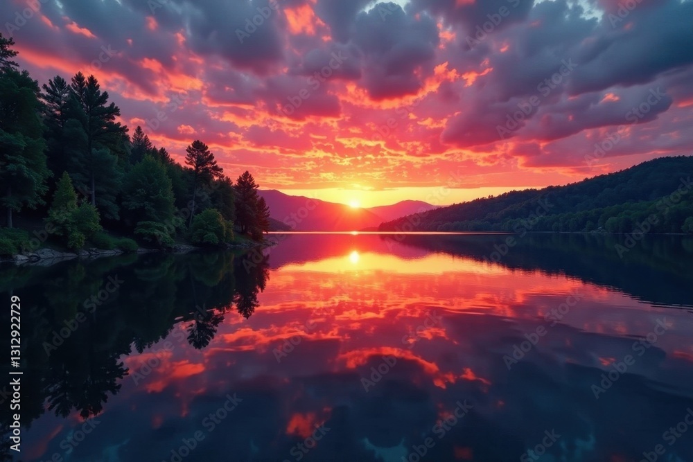 Fototapeta premium Serene lake mirrors fiery sunset, vibrant cloudscape above lush banks , vibrant, view