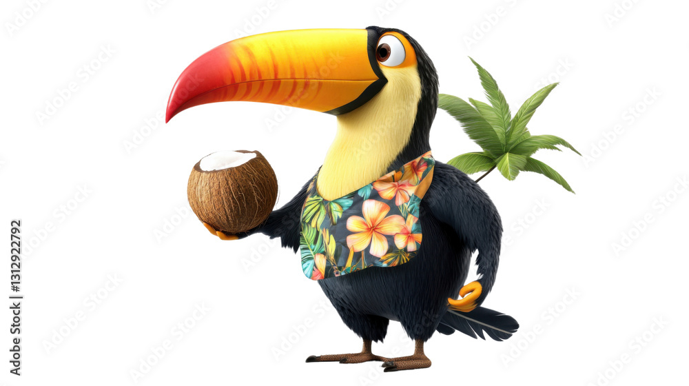 Fototapeta premium Cartoon toucan holding coconut wearing hawaiian shirt on transparent background