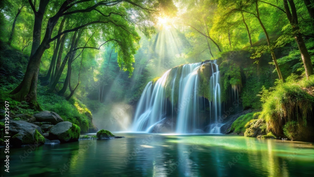 Serene waterfall in dense green forest with sunlight filtering through trees and mist rising from the water's surface , nature , tranquility Serene waterfall in dense green forest with sunlight filtering through trees and mist rising from the water's surface , nature , tranquility