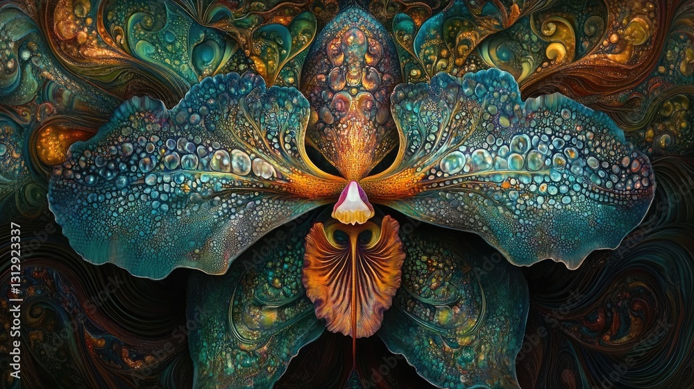 Fototapeta premium Vibrant and Colorful Abstract Orchid Flower with Intricate Patterns and Textures in a Dreamlike Setting