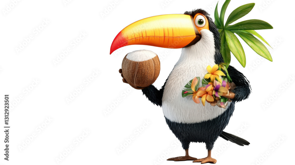 Fototapeta premium Cartoon toucan holding coconut and tropical flowers on transparent background