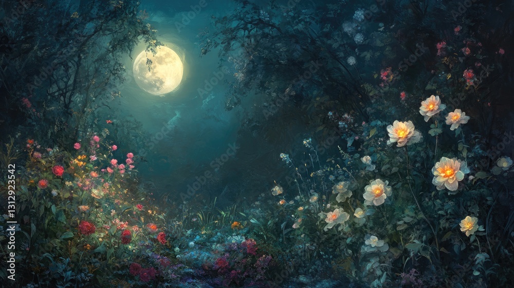 Fototapeta premium Enchanted Moonlit Garden with Lush Flowers Under a Bright Full Moon in Mysterious Night Atmosphere