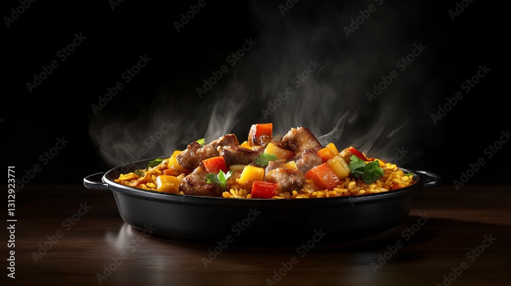 Steaming hot plate of savory meat and rice. Delicious! Steaming hot plate of savory meat and rice. Delicious!