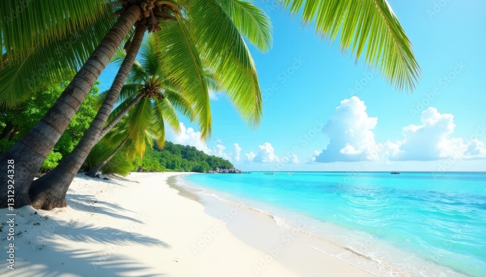 Obraz premium Azure water laps white sand, lush palms sway gently , vegetation, exotic