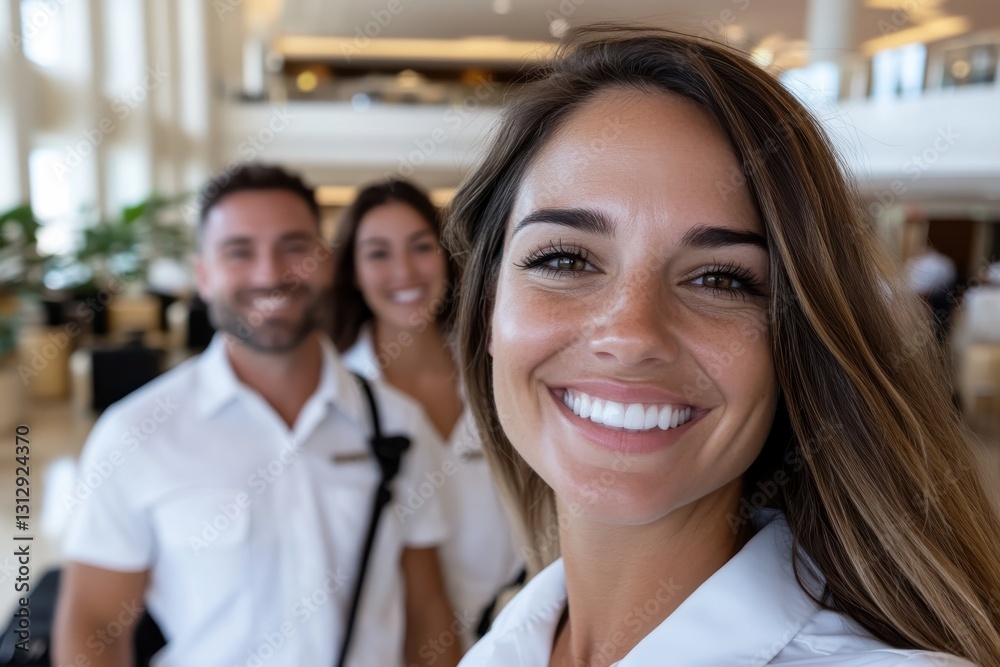 Fototapeta premium A cheerful group selfie featuring friends in stylish white outfits, set in a beautiful hotel environment, reflecting joy, enthusiasm, and friendship.