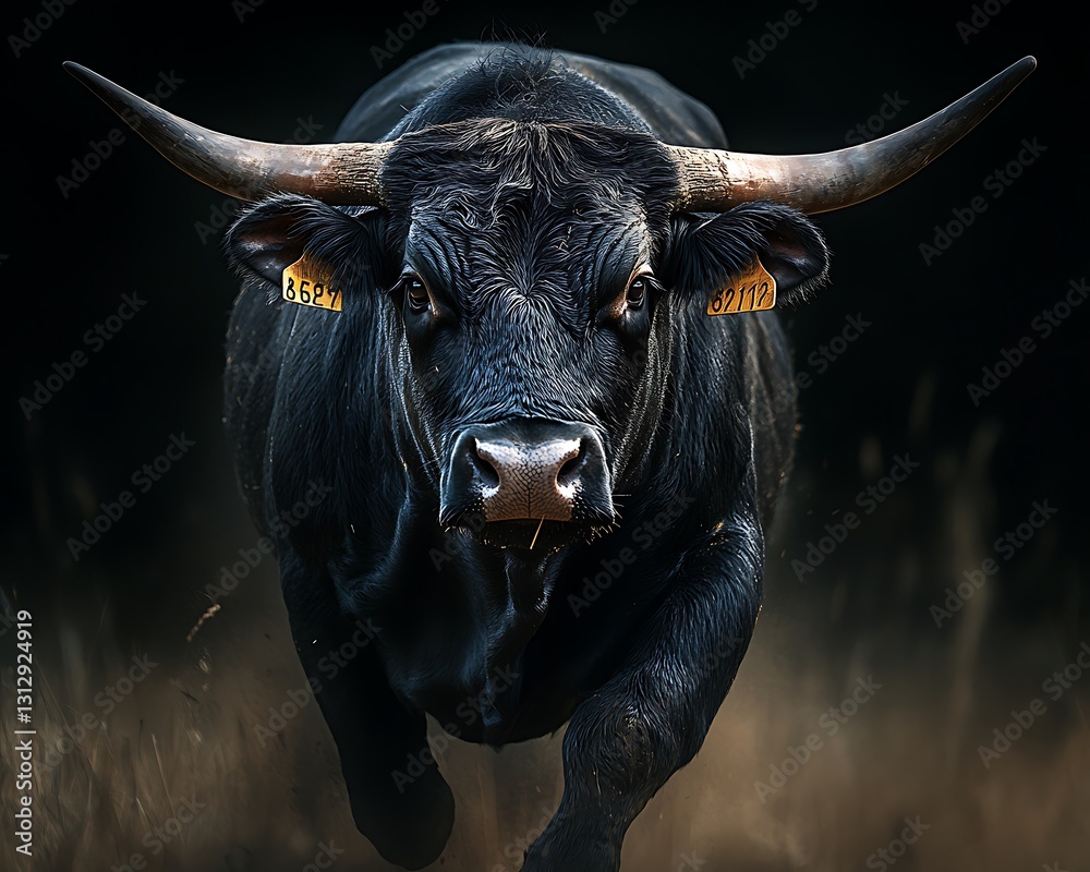 Naklejka premium Powerful black bull charges forward with dangerous curved horns
