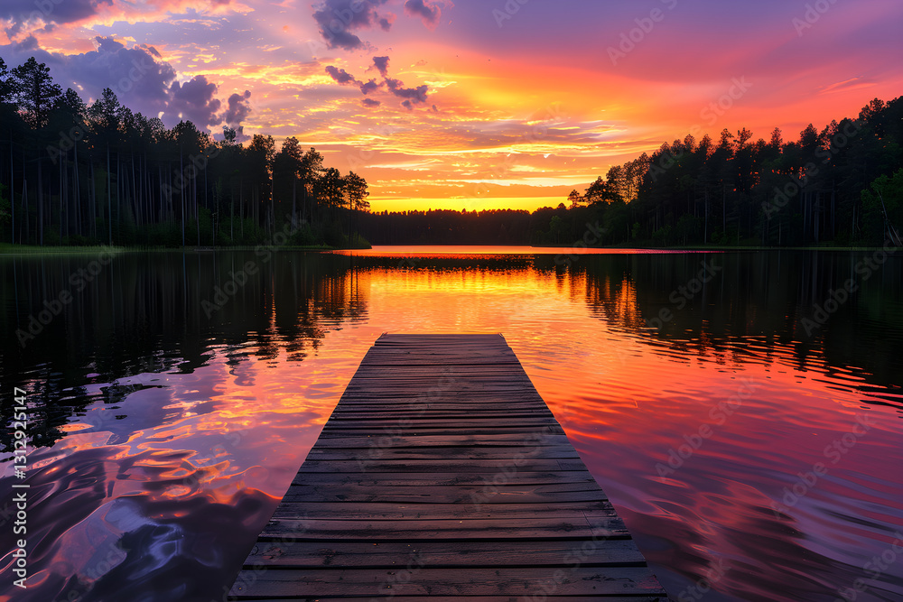 Serene Sunset Over Tranquil Lake With Vibrant Sky and Reflective Water Serene Sunset Over Tranquil Lake With Vibrant Sky and Reflective Water