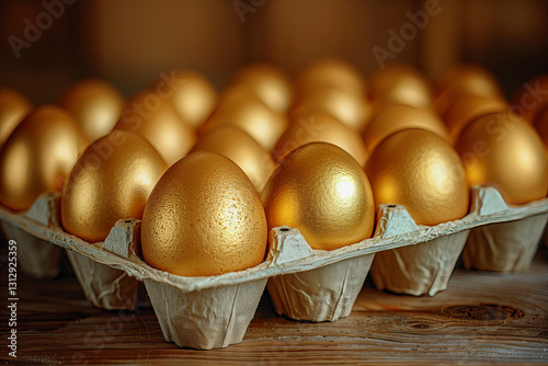 Gold eggs in a carton, concept of the high cost of eggs, expensive Easter eggs, finding the golden egg, or building a nest egg