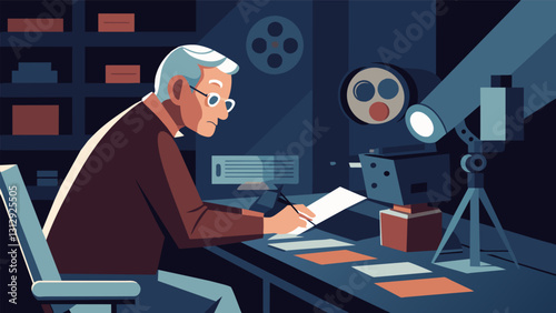 In a dimly lit studio an elderly documentary filmmaker carefully reviews archival footage piecing together the hidden details of a past event.. Vector illustration