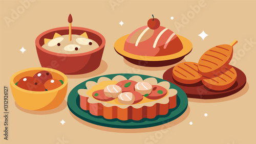 Platters of pigs in a blanket mini quiches and Swedish meatballs are perfect throwback finger foods evoking memories of childhood parties and family. Vector illustration