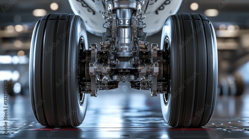Fototapeta premium Close-up view of an aircraft landing gear showcasing wheels and mechanical components.